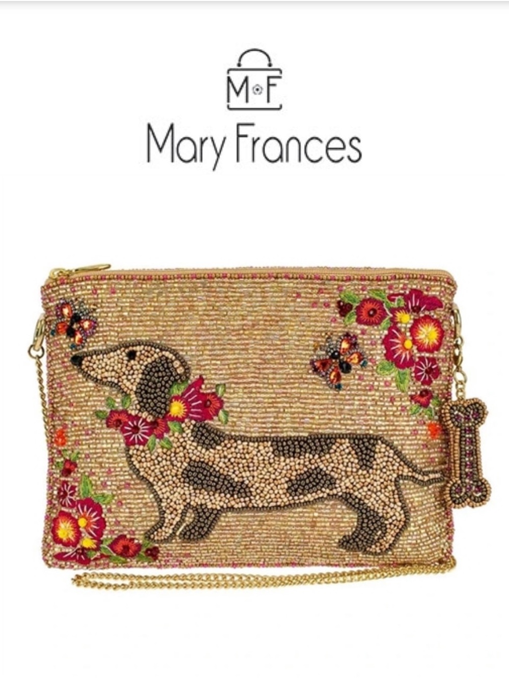Mary Frances Gold Beaded Dachshund Floral Crossbody Clutch